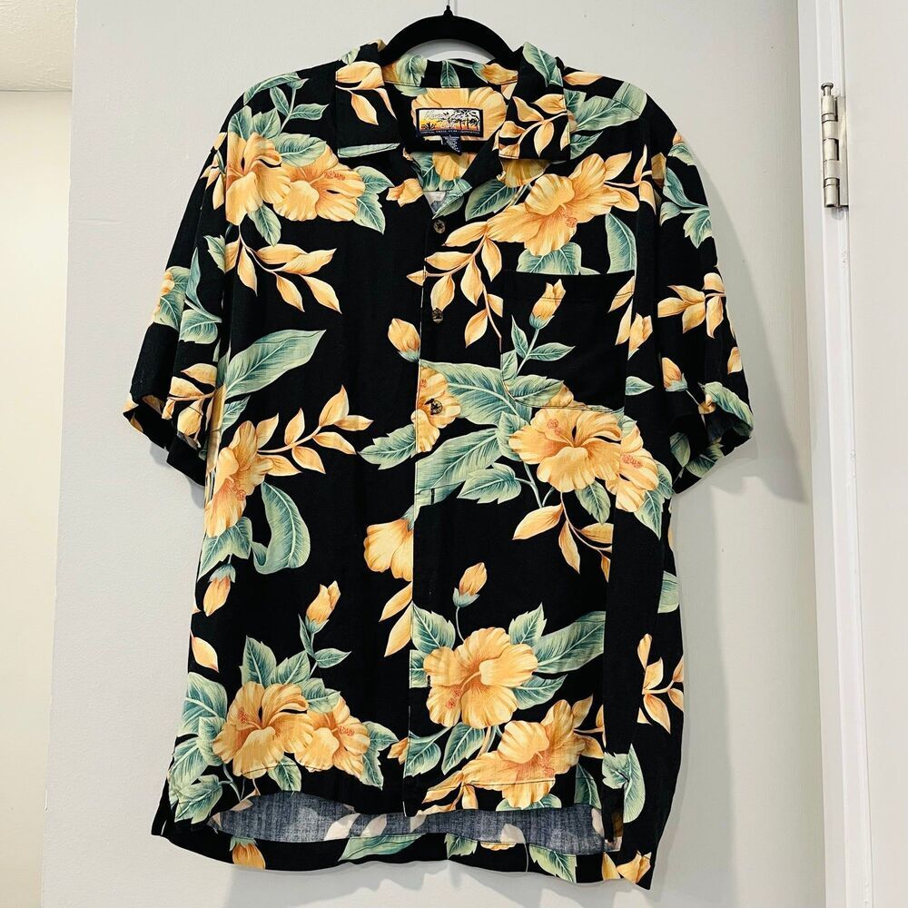 Havana Jack’s Cafe Yellow Floral Hawaiian Button Polo size Large